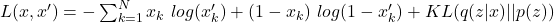 L(x, x') = - \sum _{k=1} ^{N} x _k \ log(x' _k) + (1- x _k) \ log(1 - x' _k) + KL(q(z|x)|| p(z))