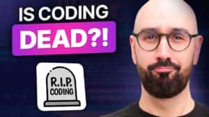 Progressive Robot Company: Bald man with glasses beside text “IS CODING DEAD?!” and a “R.I.P. CODING” tombstone icon.