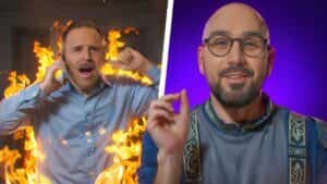 Progressive robot split-screen: man in shirt surrounded by flames, and bald man with glasses against purple background.