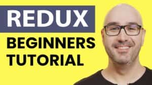 Progressive robot illustration beside text “REDUX Beginners Tutorial” with a smiling man in glasses on a yellow background