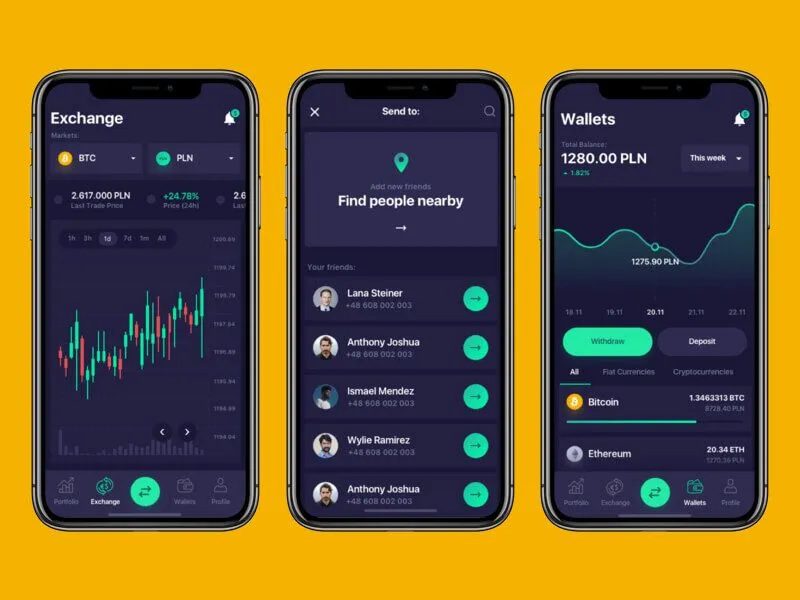 A smartphone screen showing a P2P exchange app with key features
