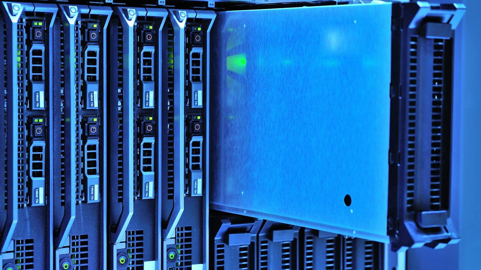 server racks and network lights representing edge computing for lower IoT latency