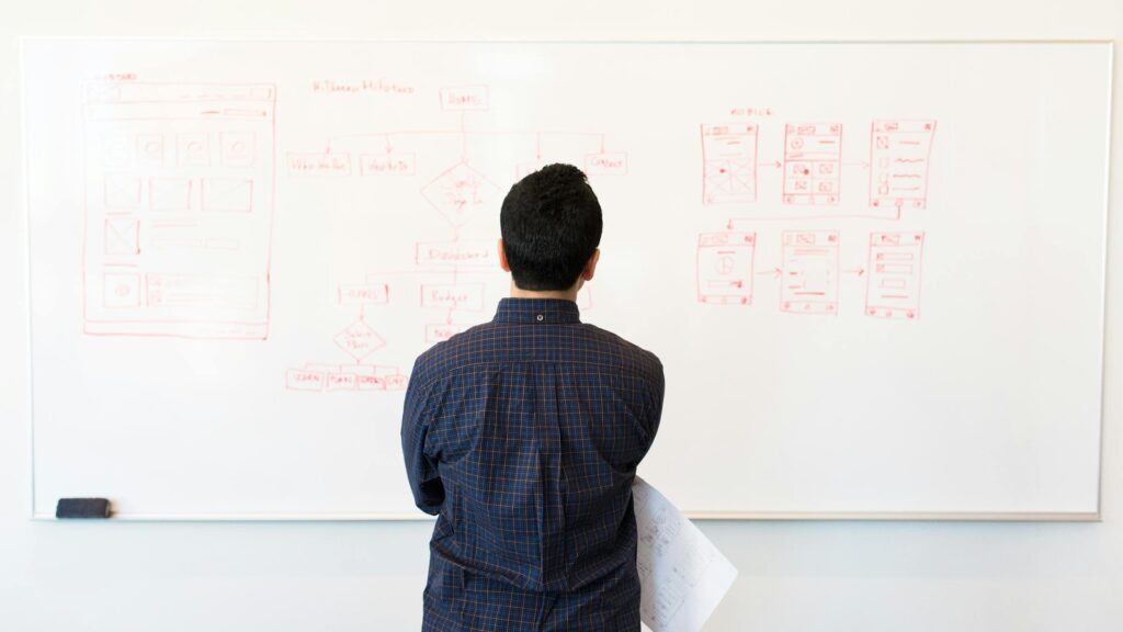 ERP consultant reviewing process maps and fit-gap decisions on a whiteboard