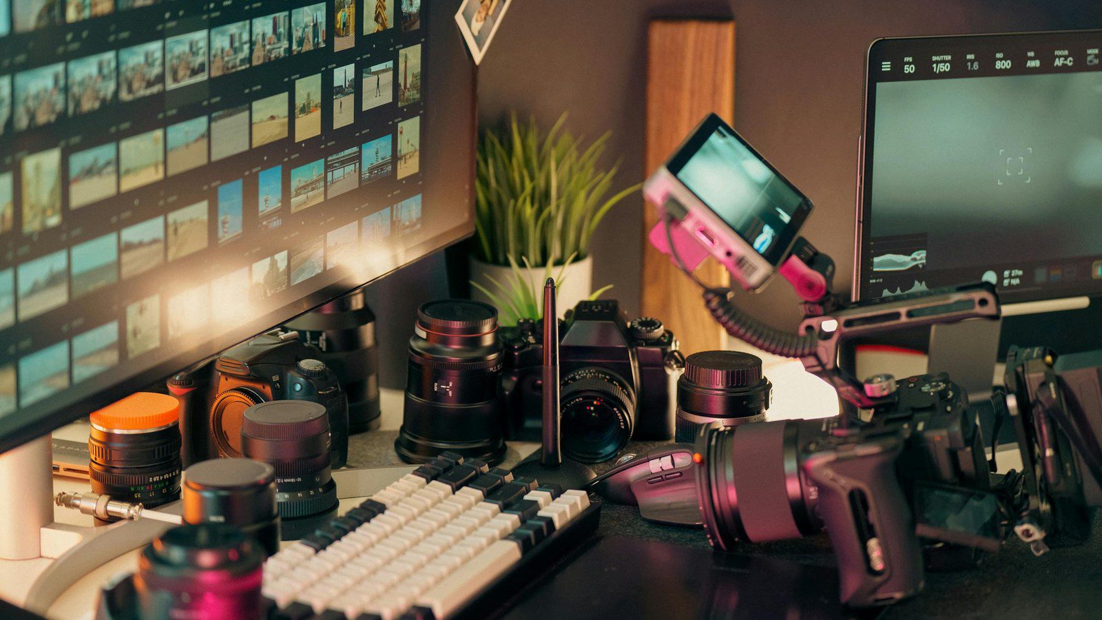 GeniLoop AI video studio workflow shown through a professional editing setup with camera equipment.