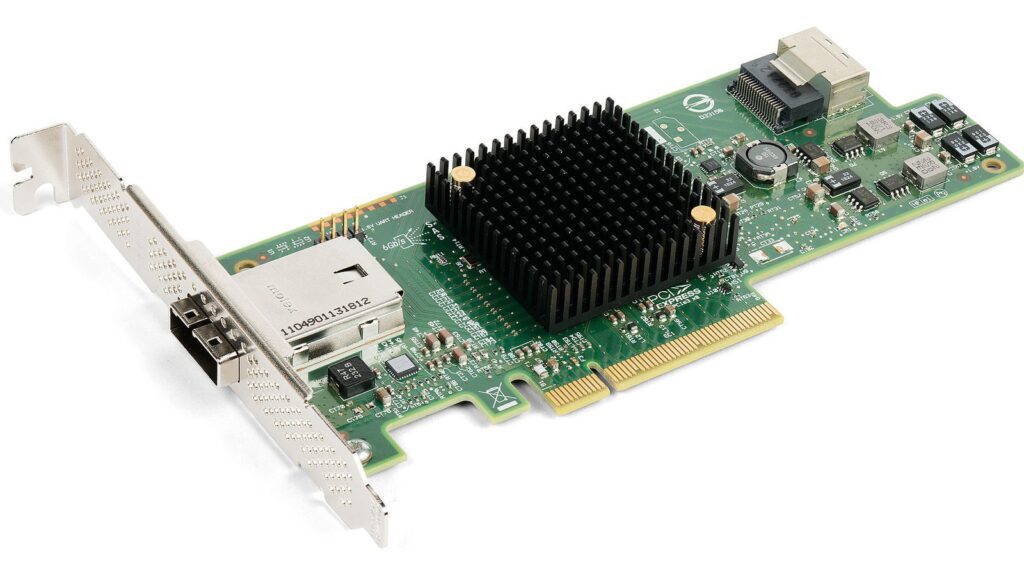 PCIe 8.0 connector technology context shown with a real PCIe SAS HBA card and connectors