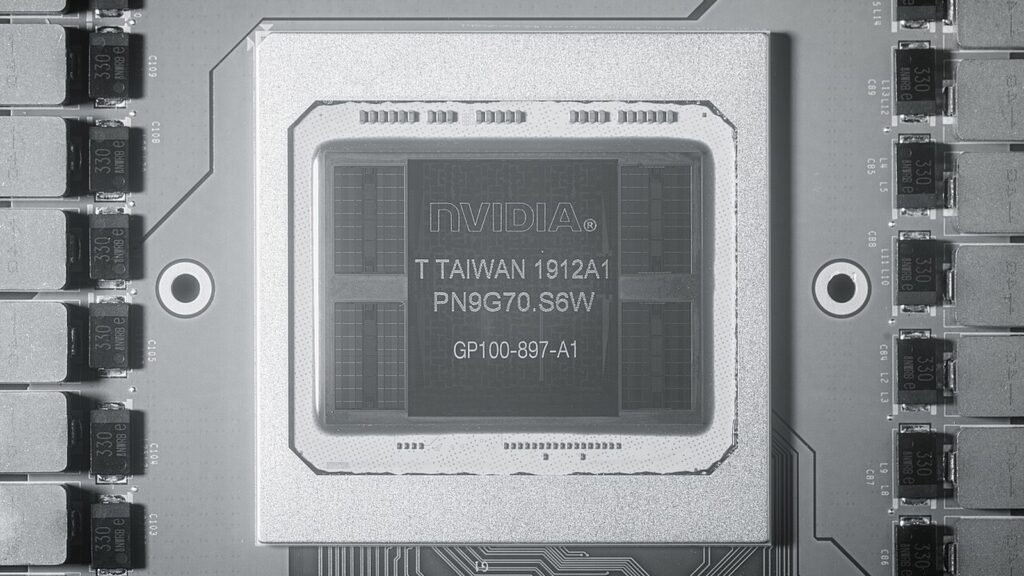 PCIe enterprise AI GPU architecture represented by a real NVIDIA Tesla P100 GPU die