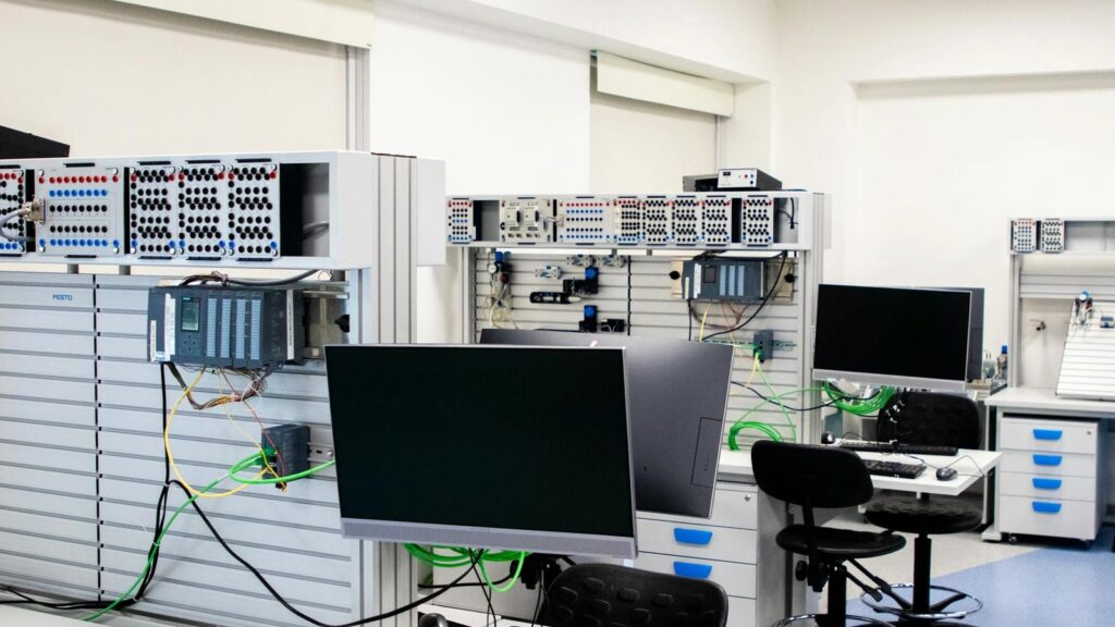 Perplexity Computer shown through an advanced computer lab for parallel AI task execution