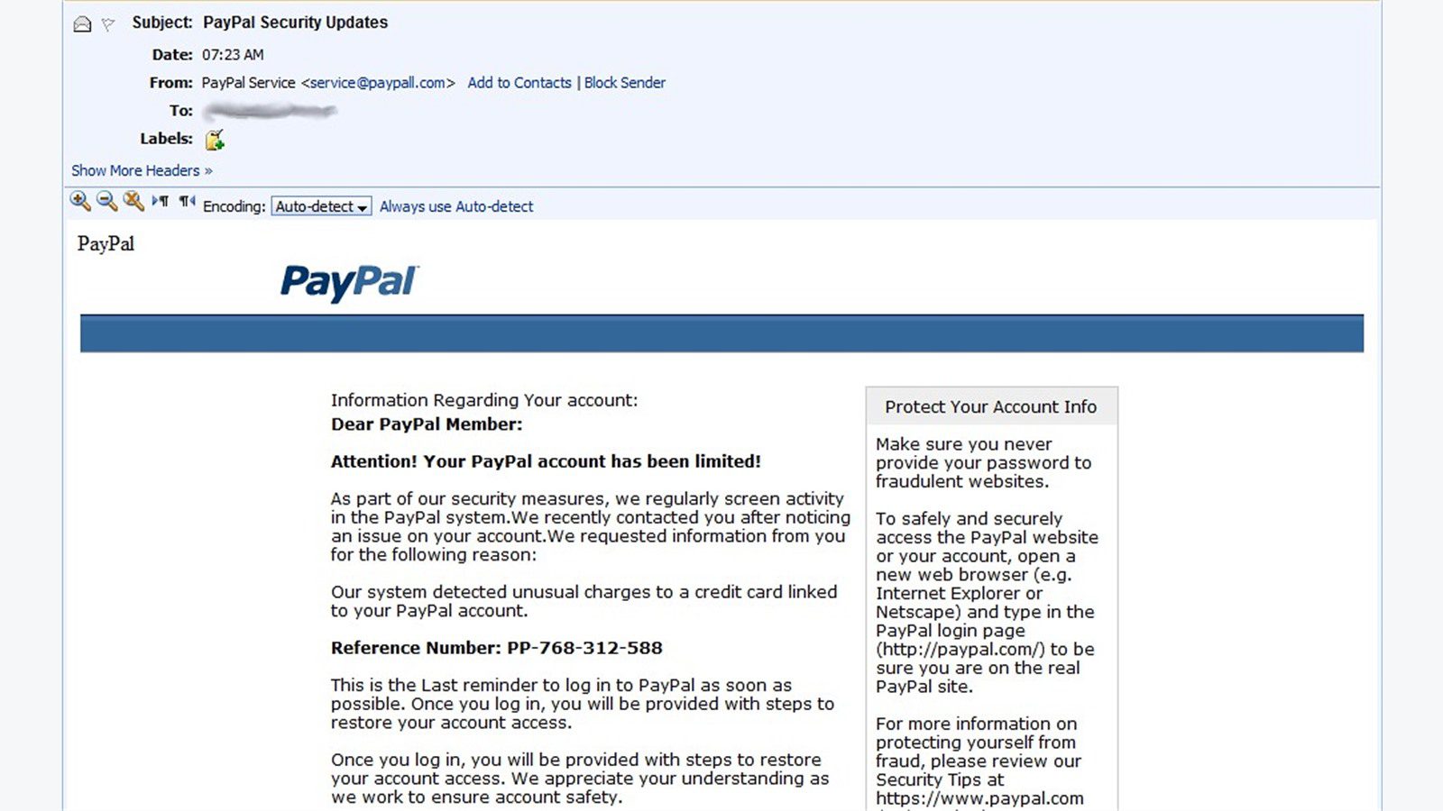 PayPal phishing email screenshot used for sandboxing suspicious links and attachments