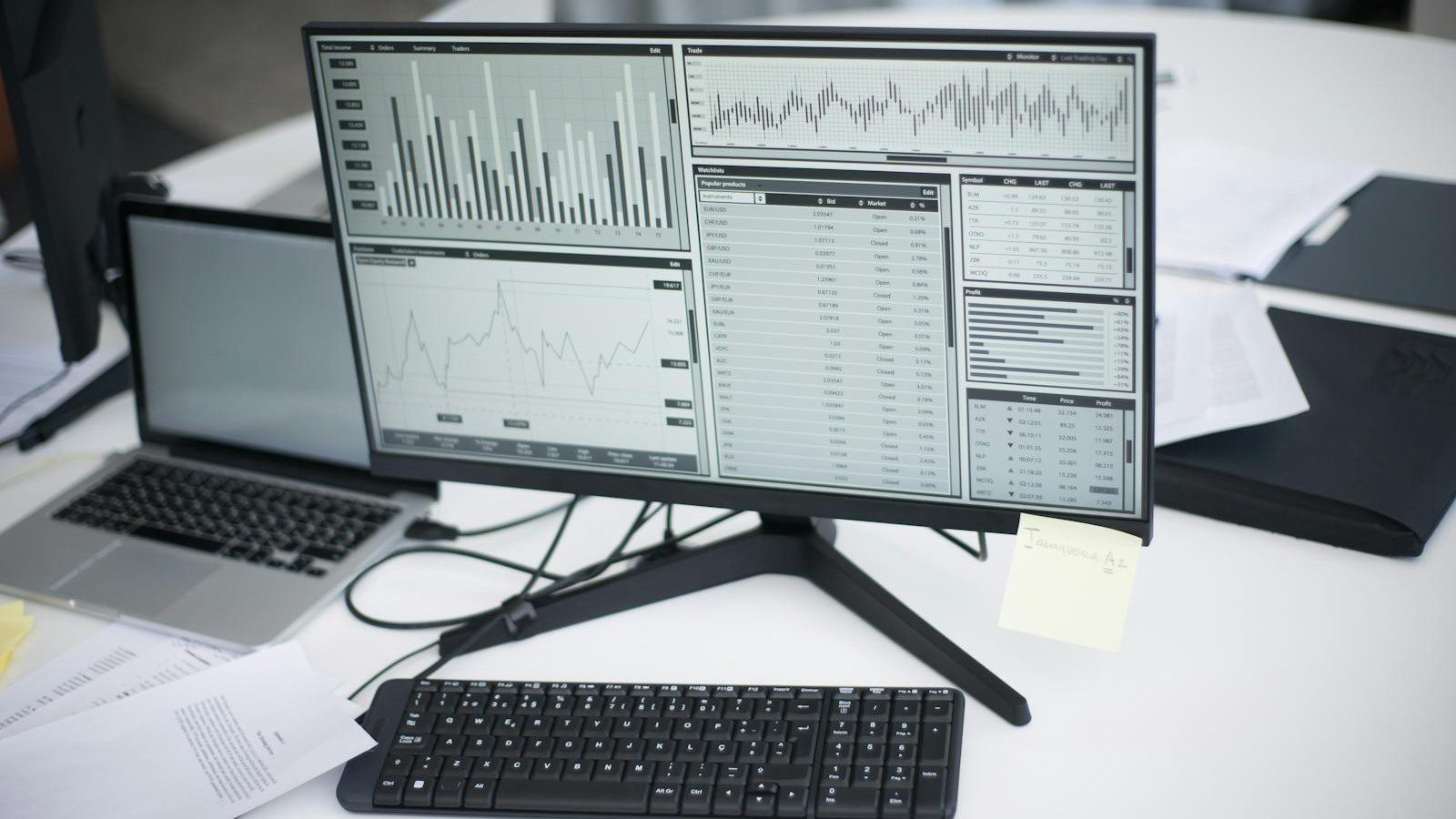connected data workflow across computers and analytics dashboards in a workspace