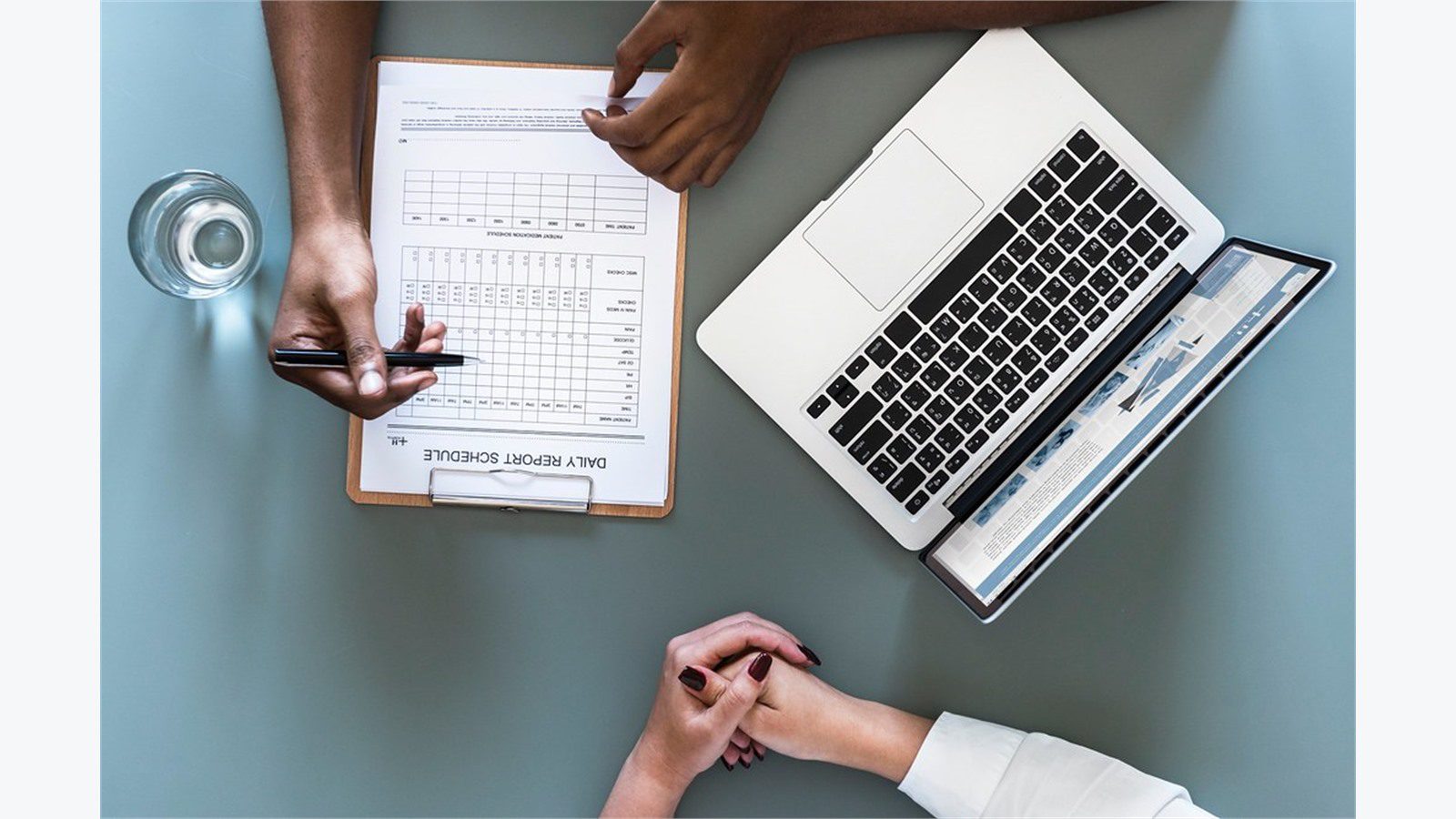 HIPAA-compliant remote file sharing overview with medical clinic laptop stethoscope and patient form workflow