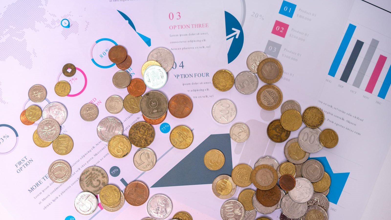 IT Spending Case Study: 7 Proven Ways We Cut Costs 30% 18 coins on financial charts representing the 30 percent IT spending reduction result
