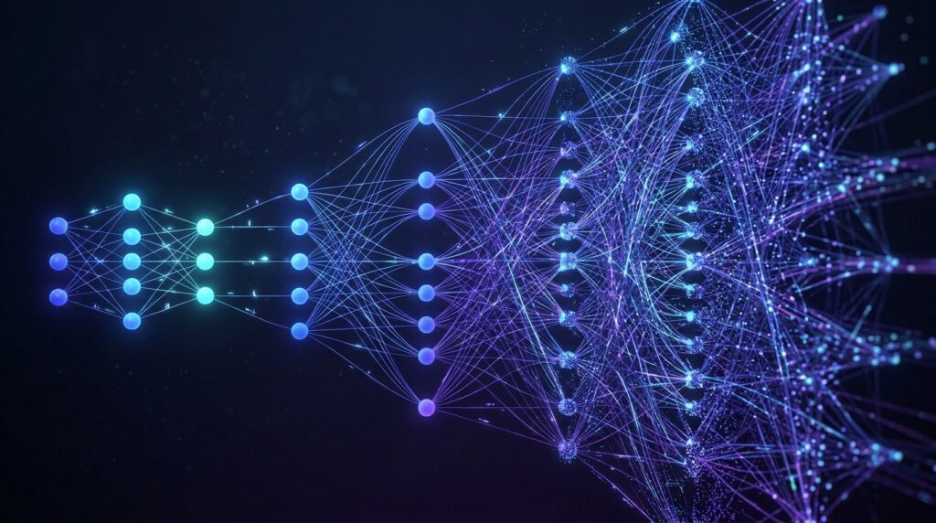 Deep-learning network illustration representing the evolution of AI and the human mind research