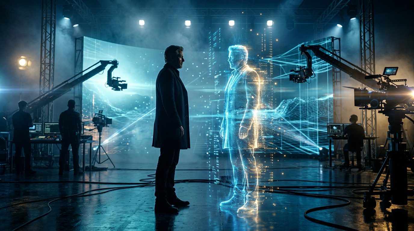 Conceptual 3D illustration of a fictional actor beside his glowing digital AI avatar