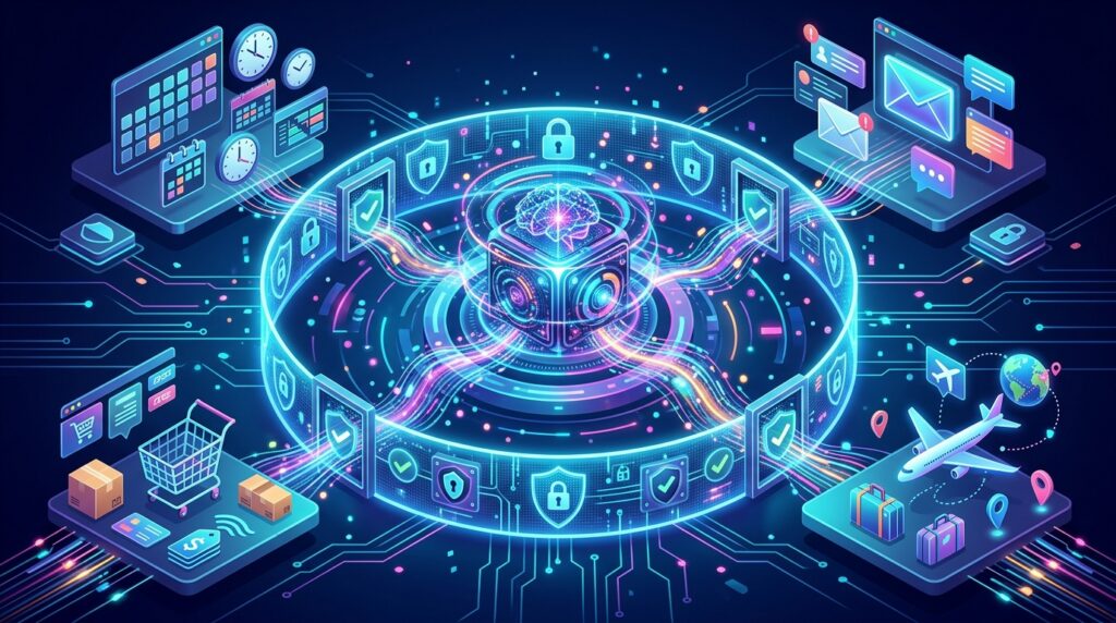 AI agents privacy concerns illustrated by an assistant using calendar, email, and marketplace information