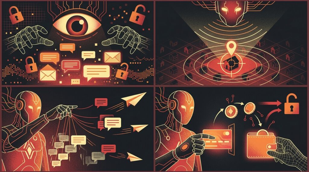 AI agents privacy concerns shown through access to private messages, location details, and accounts