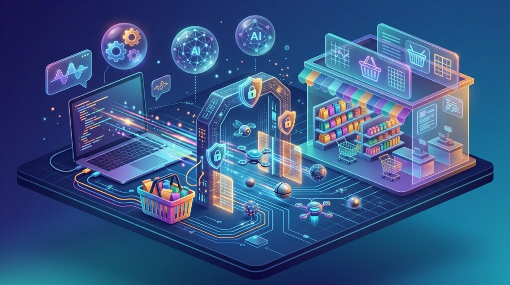 Illustration of AI assistants connecting to Walmart's online shopping platform