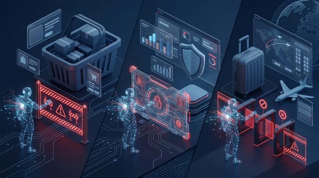 AI assistant encountering access barriers on generic retail, banking, and airline booking interfaces