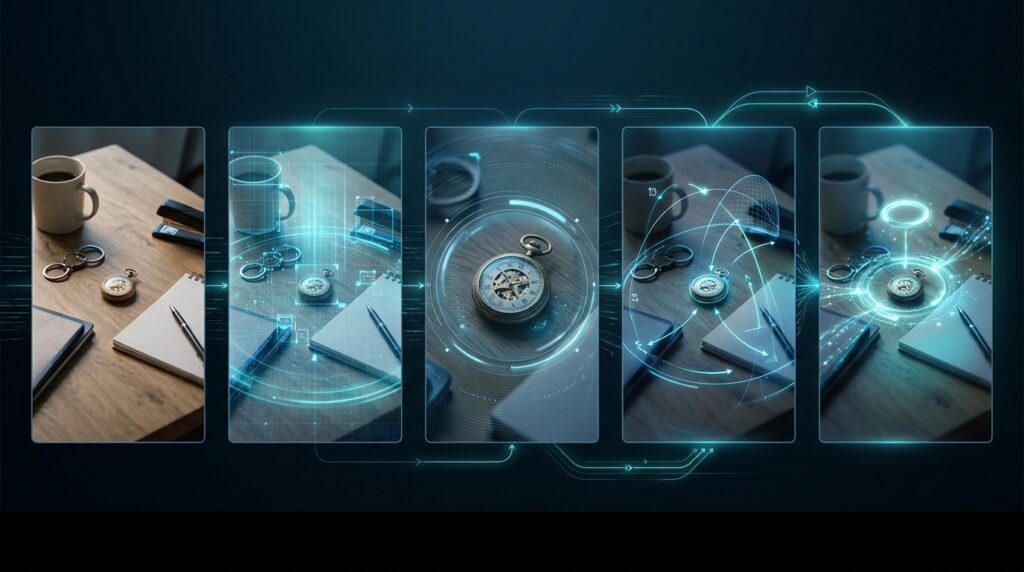 AI system zooming into a photograph to examine object details and spatial relationships