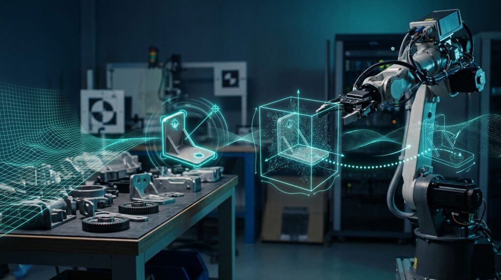AI analysing a workshop scene to guide a robotic arm's next action