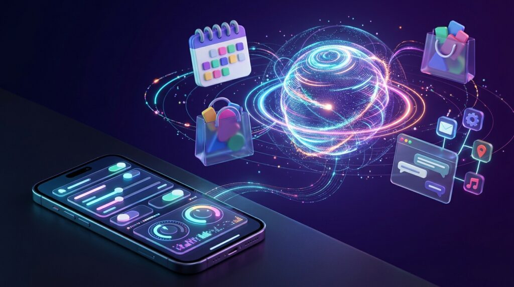 Illustration of a personal AI agent coordinating connected apps and online shopping tasks