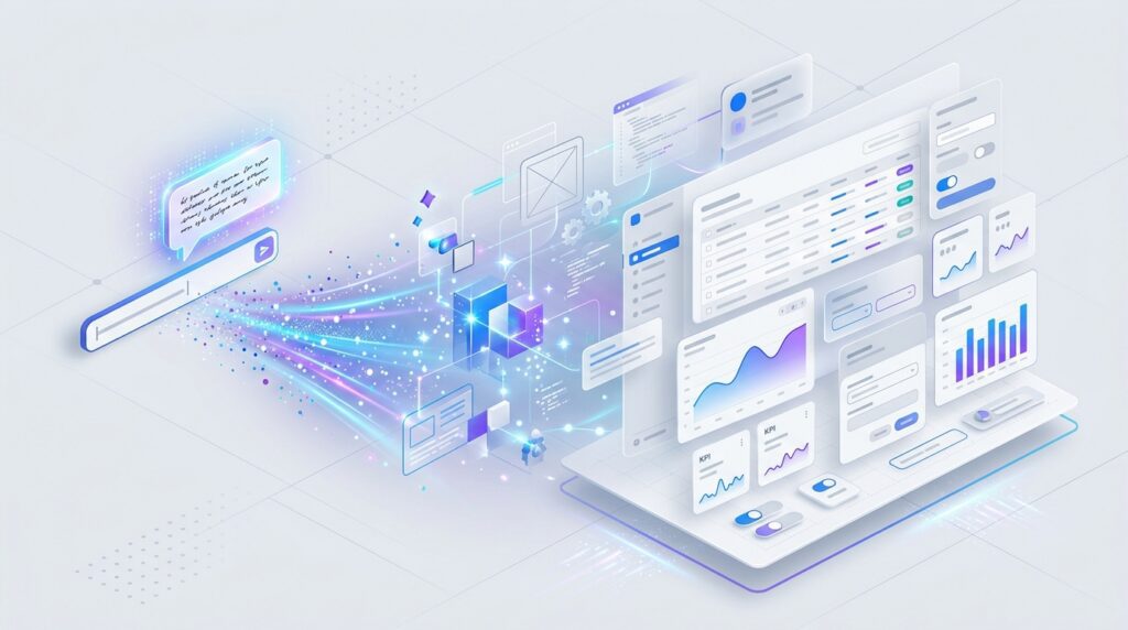 AI assistant assembling reusable interface components into an interactive dashboard.