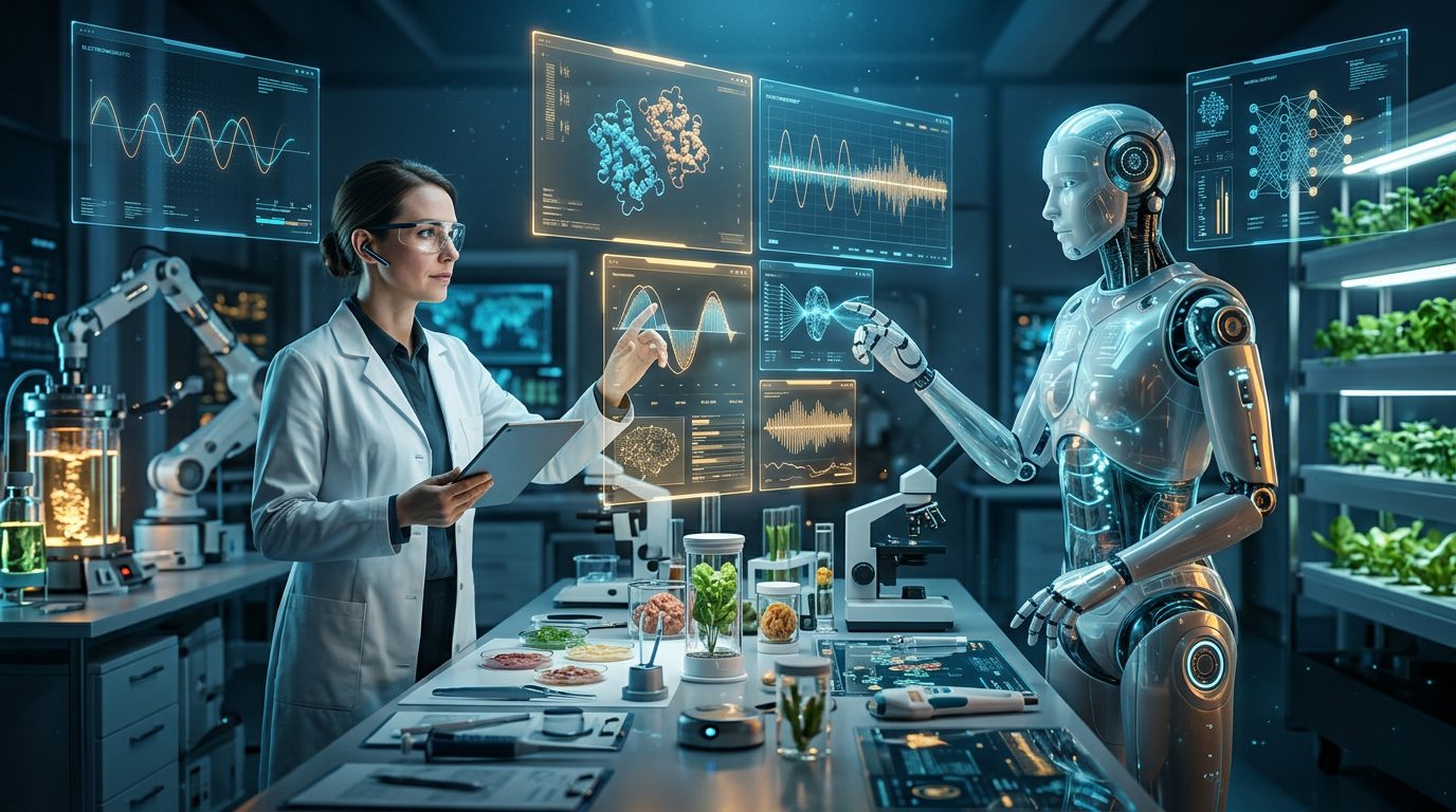 AI research assistant and food scientist analyzing food properties in a laboratory