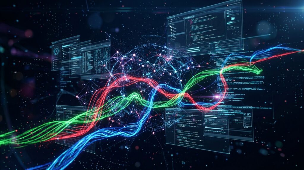 An AI coding assistant represented by neural networks and coloured computational pathways.