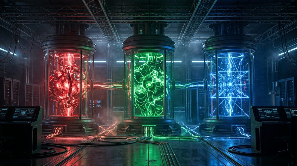 Three differently coloured AI cores connected in a futuristic research laboratory.