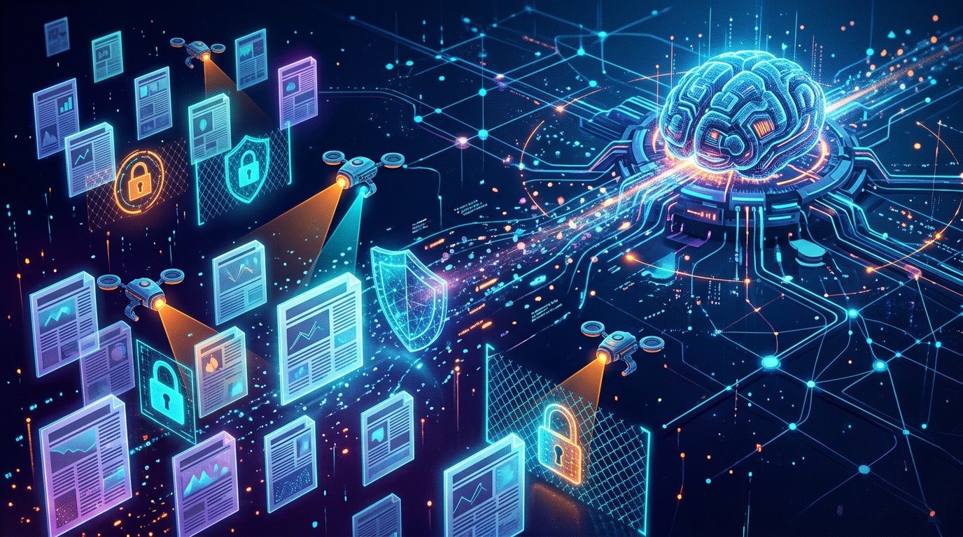 Illustration of AI data scraping and publishers concerned about Meta's new business terms