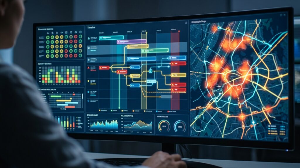 AI-assisted dispatch dashboard analysing technician availability and service routes