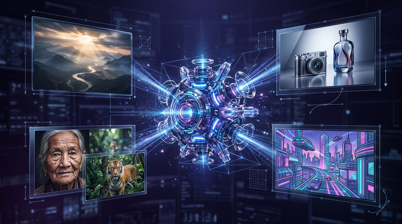 AI image-generation model surrounded by photorealistic artwork and image-editing previews.