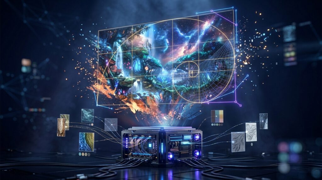 High-resolution AI artwork surrounded by reference images and composition guides.