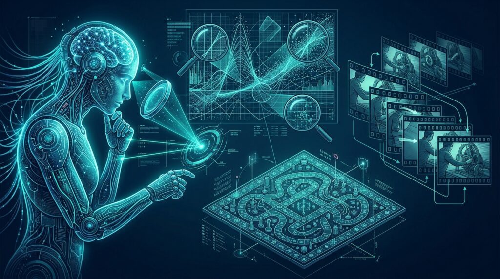 AI system examining a complex chart, board game, and video sequence