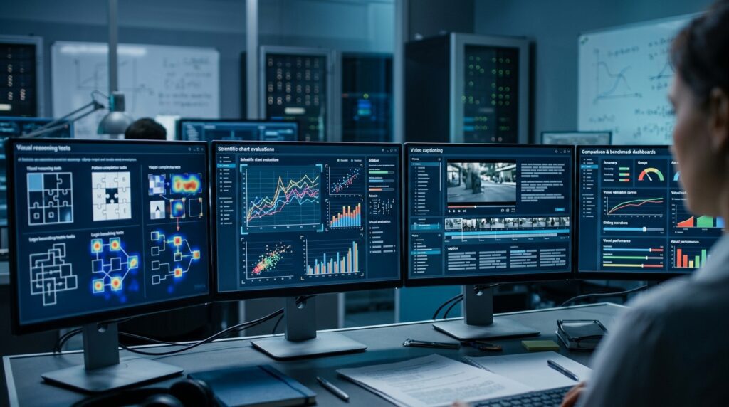 AI model undergoing scientific chart and video analysis evaluations
