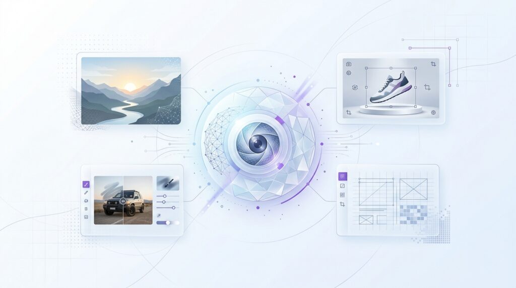 AI image model surrounded by generated images and editing controls.