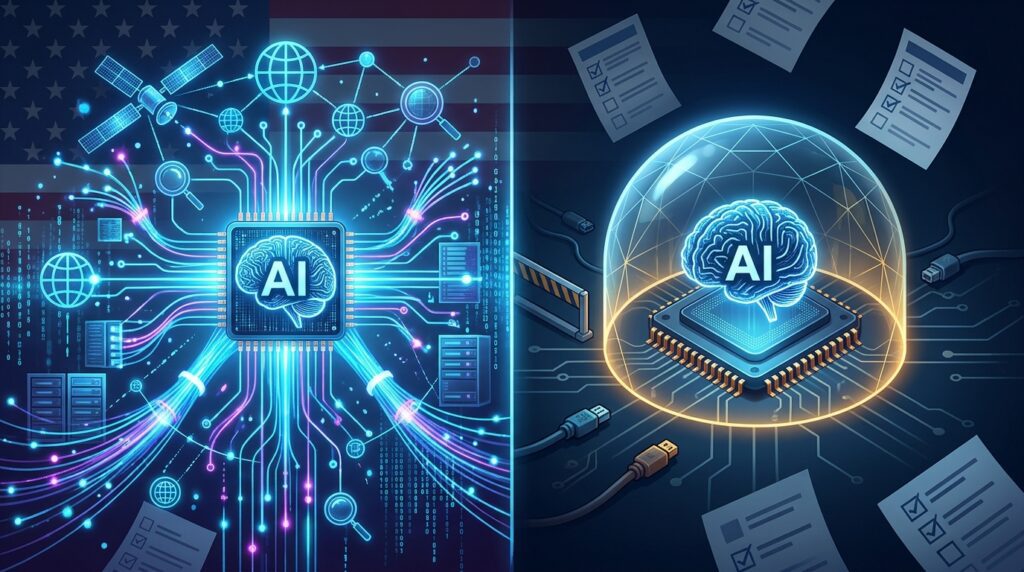AI political bias test comparing online search with offline model responses