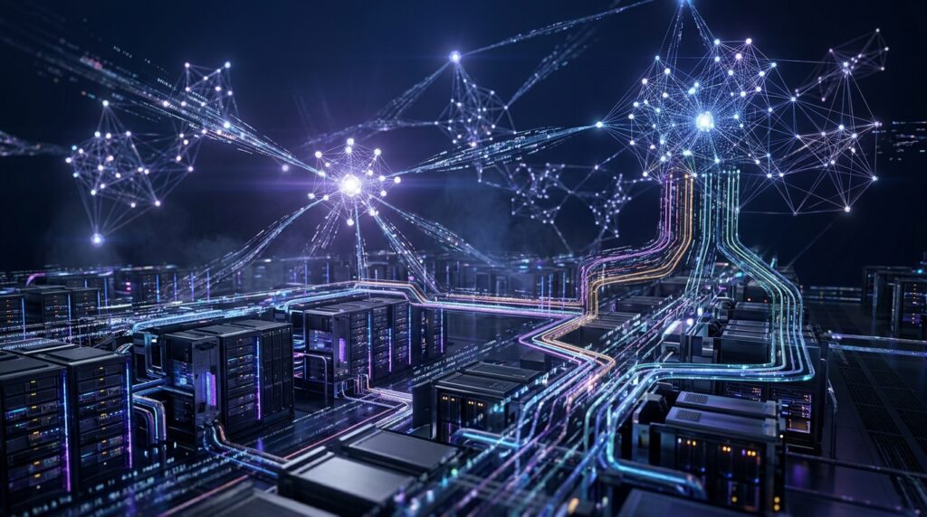 Neural network and GPU servers representing a large open-weight AI model
