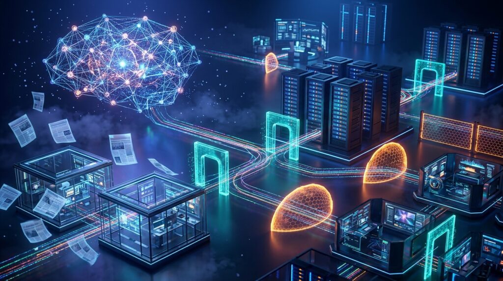 Conceptual 3D illustration of AI networks connected to news publishers and protected digital content