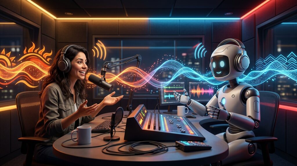 AI radio host Coyotec interacting with a human presenter during a Spanish-language radio broadcast