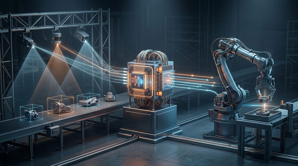 AI system interpreting sensor data and controlling a robotic arm in an industrial environment