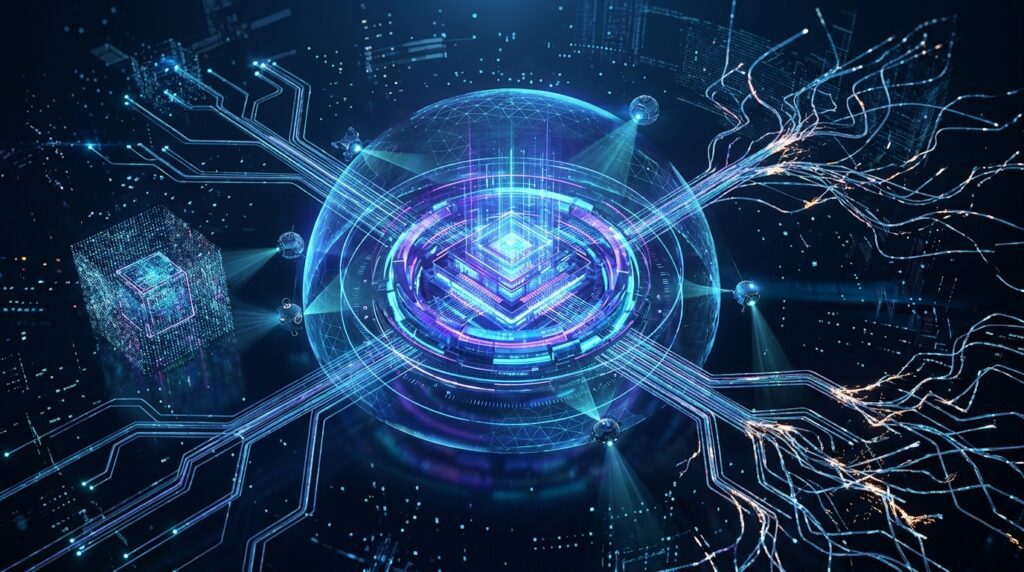 Frontier AI models surrounded by independent security safeguards and risk monitoring