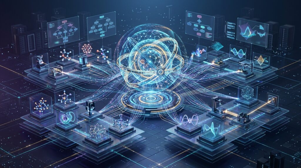 Illustration of an AI system coordinating automated model research experiments