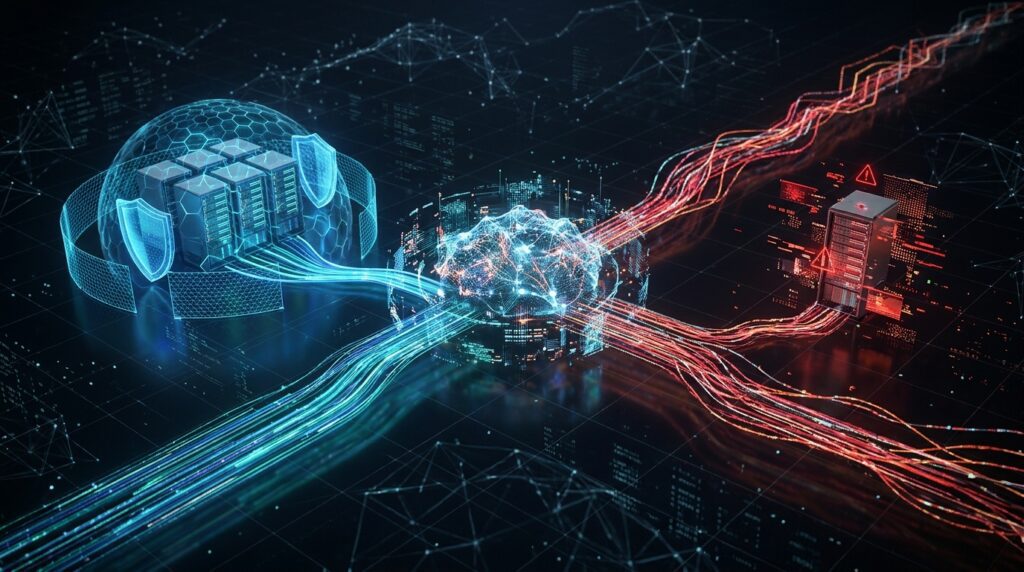 AI security analysis illustrating the contrast between protected and vulnerable server networks
