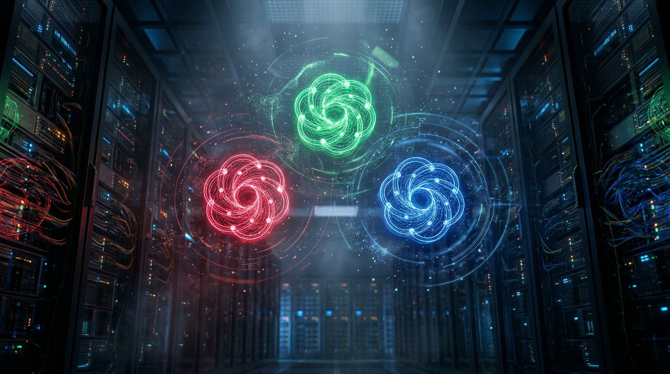 Three coloured AI model symbols representing reported OpenAI Aurora API references.
