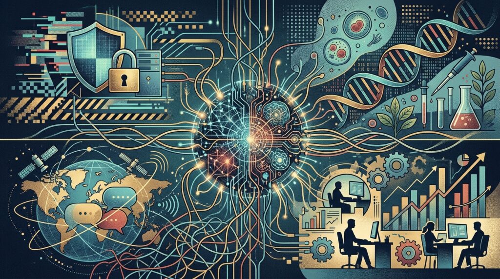 Illustration showing AI connected to cybersecurity, biology, communication and work