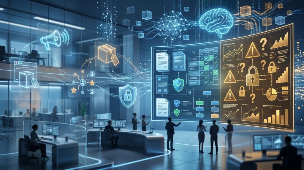 Conceptual 3D illustration of digital policy documents and AI systems processing website information