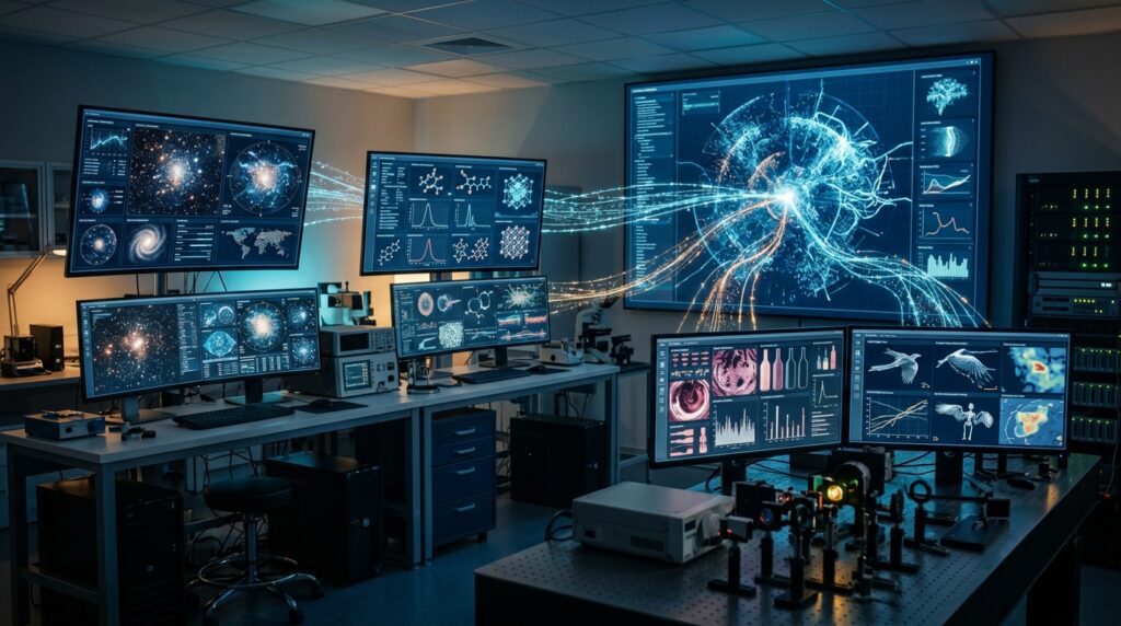 AI research systems analysing astronomical, chemical and visual datasets through connected data representations.