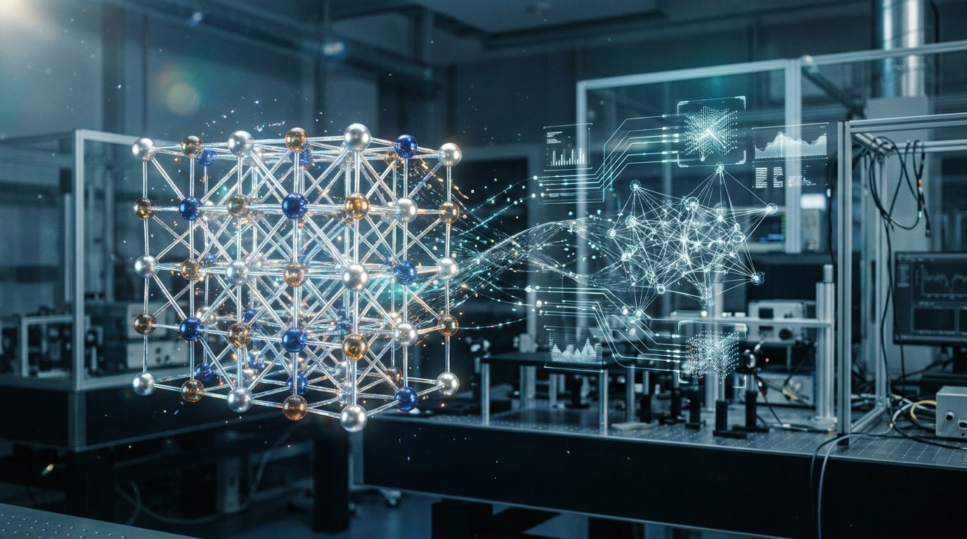 AI materials science model analysing three-dimensional crystal structures and atomic bonds