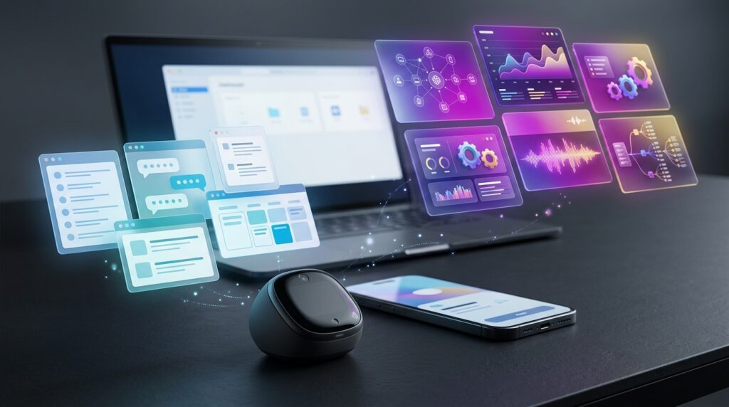 An AI wearable beside a phone and laptop representing subscription-based productivity features and app integrations.