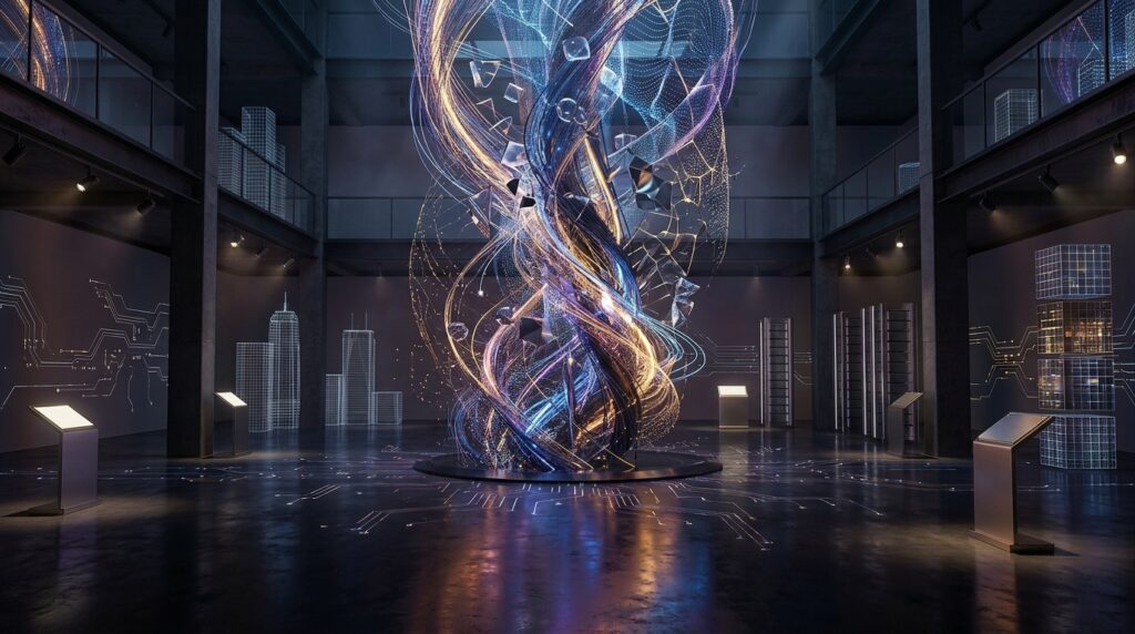 Digital artwork displayed in a gallery exploring the social impact of artificial intelligence